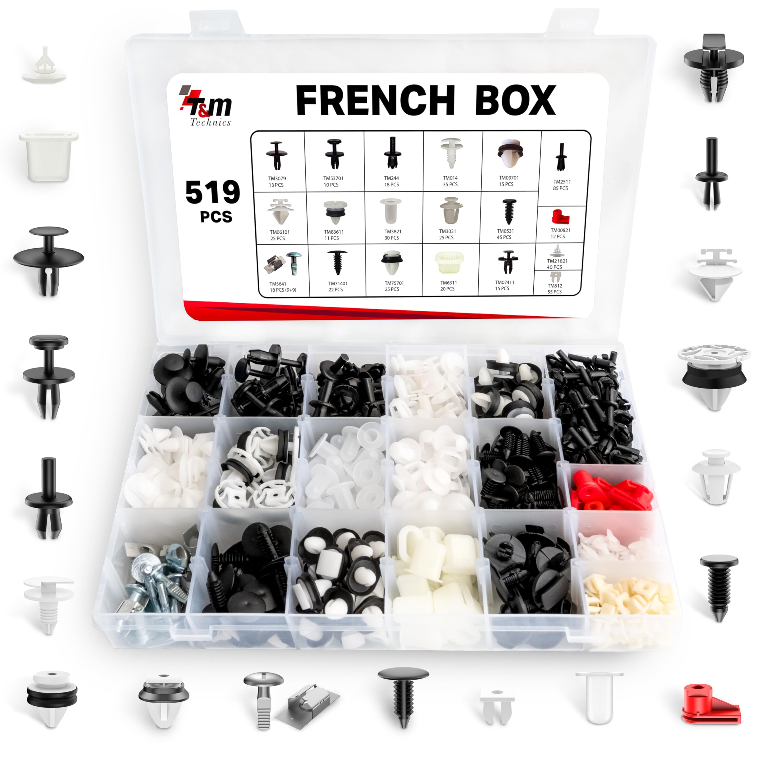 Coffret T&M Technics de 519 clips de carrosserie pour voitures françaises